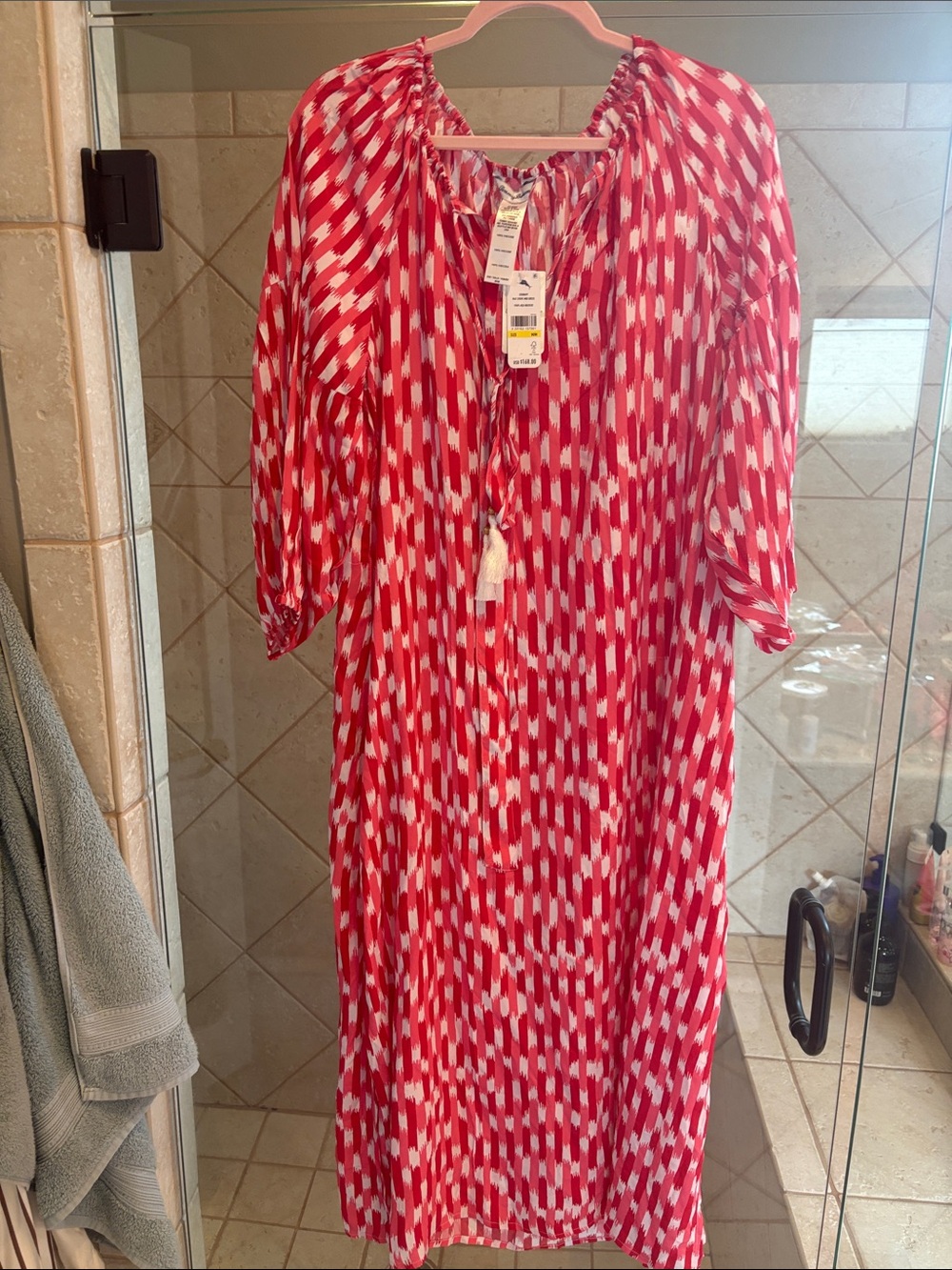 Tommy Bahama Red, Pink and White Printed Maxi Caftan with Tassel Tie